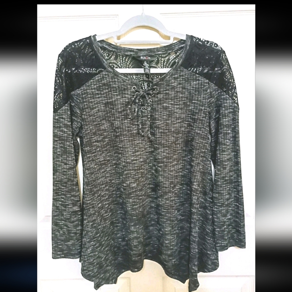 Womens M Tie Front Black Grey Thin Ribbed Pullover Sweater